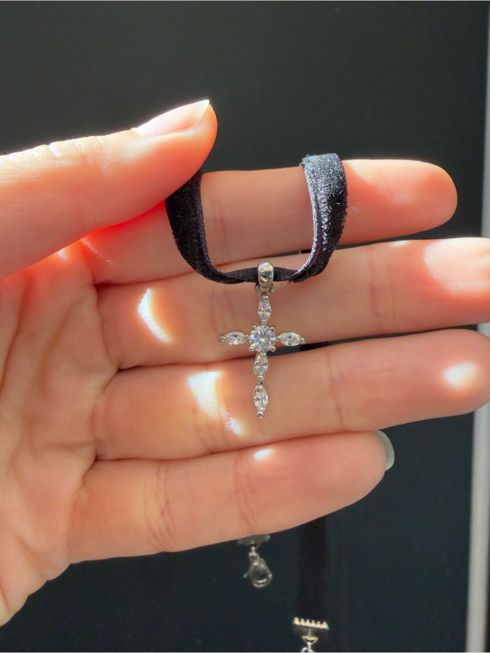 Black Velvet and Silver Tone Cross Pendant Necklace